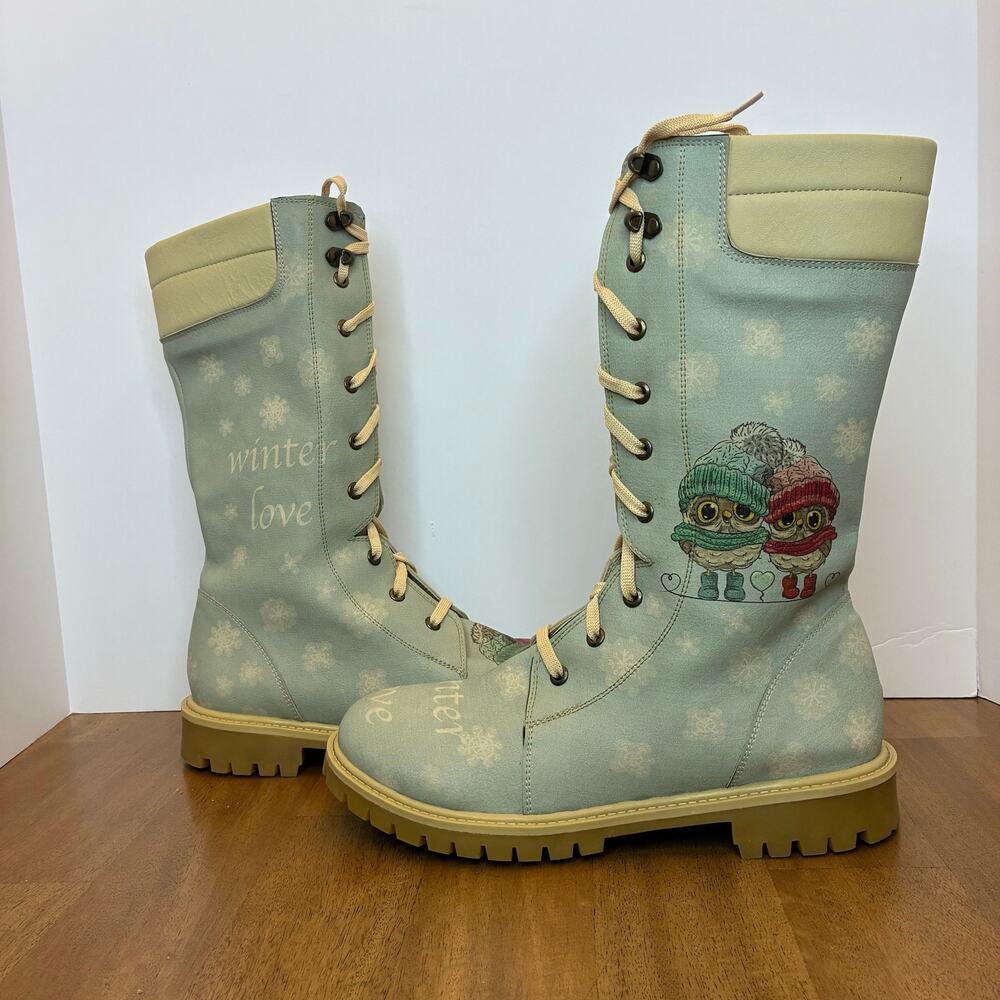 Winter Love Owl Snow Lace Up Side Zip Outdoor Women Boots European 40 US 9.5